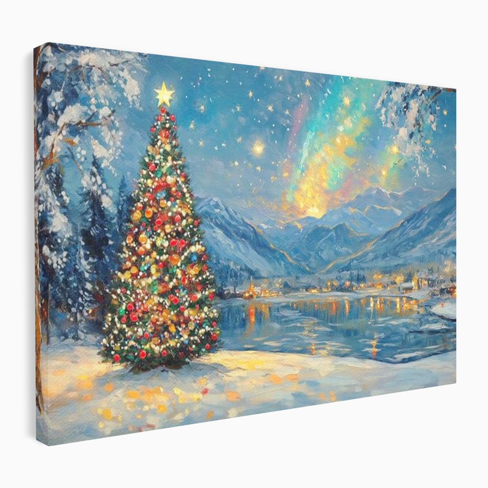 Tablou canvas cu pictura cu brad de craciun pe malul lacului, fara rama, pe sasiu de lemn